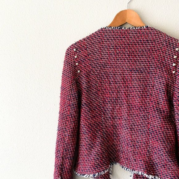 Zara Trafaluc red blue studded jacket frayed cotton acrylic L - Picture 8 of 9